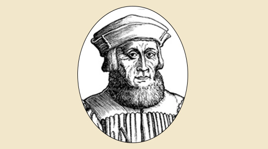 Johannes Turmair, genannt Aventin (1477-1534) Portrait Frontalansicht mit mittelalterlicher Mütze. Gewand im Brustbereich in Falten gelegt.
